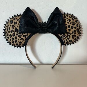Punk Studded Leopard Print Mouse Ears Headband with Black Leather Bow